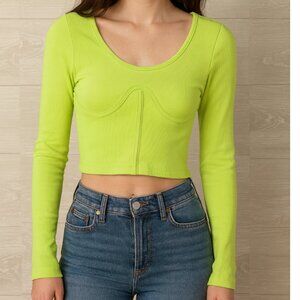 Aura Women's Size Small Bright Green Long Sleeve Rib Knit Crop Top